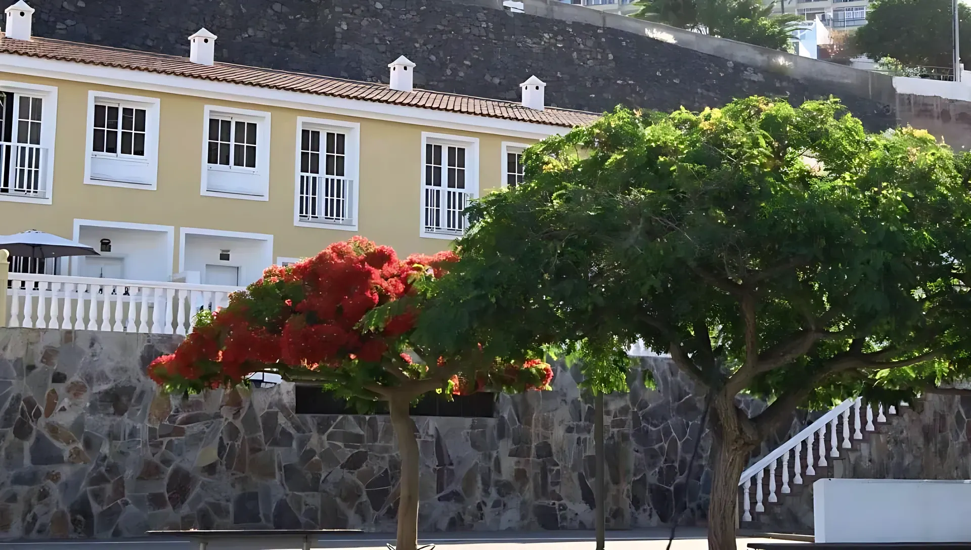 Fachada exterior de la casa con jardín y flamboyanes